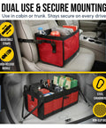 Big XL Trunk Organizer With Four-Section Modular System For Extra Large Car Cargo Storage in red, installed in car cabin and trunk.
