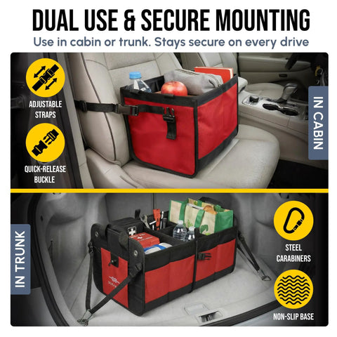 Big XL Trunk Organizer With Four-Section Modular System For Extra Large Car Cargo Storage in red, installed in car cabin and trunk.