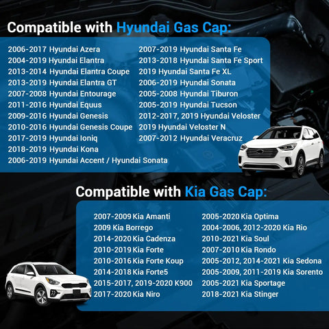 Compatible car models for Plug And Play Direct Fit Gas Cap 31010 3L600 For Hyundai And Kia, showing vehicle list.