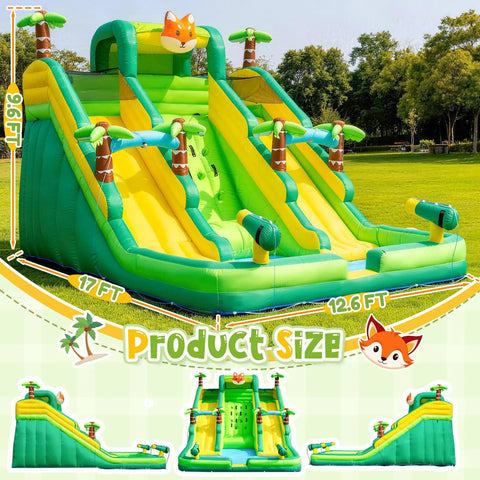 Side view of 17 Foot Inflatable Water Slide With Built In Pool Climbing Wall And Water Spray Wet And Dry Dual Use Backyard Water Park