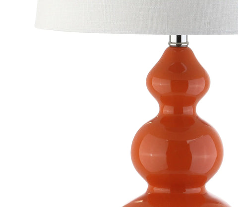 Coral Modern Ceramic Gourd Table Lamp With White Linen Drum Shade, 27.5 Inch Tall, LED Bulbs Included, Energy-Saving Bedroom Nightstand Light