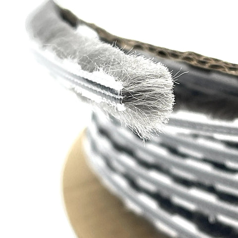 Close-up of 100 Ft Roll Zipper Pile Weatherstrip with 0.250 Inch Pile Height and 0.187 Inch Backing Gray, heavy duty seal.