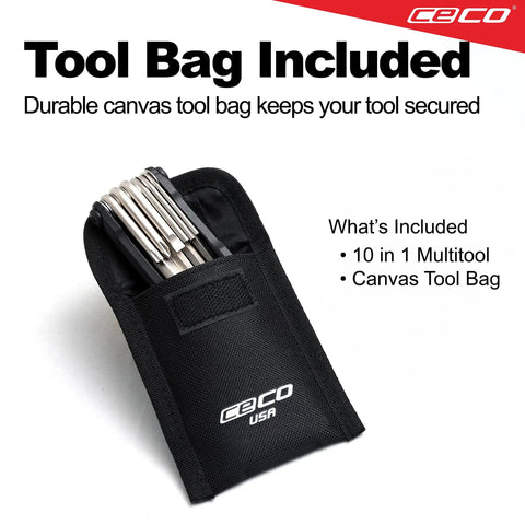 Compact 10 Function Bike Tool Kit, Heavy Duty Bicycle Multi Tool in canvas pouch, CR-V 6150 Tool Steel, easy to carry case.