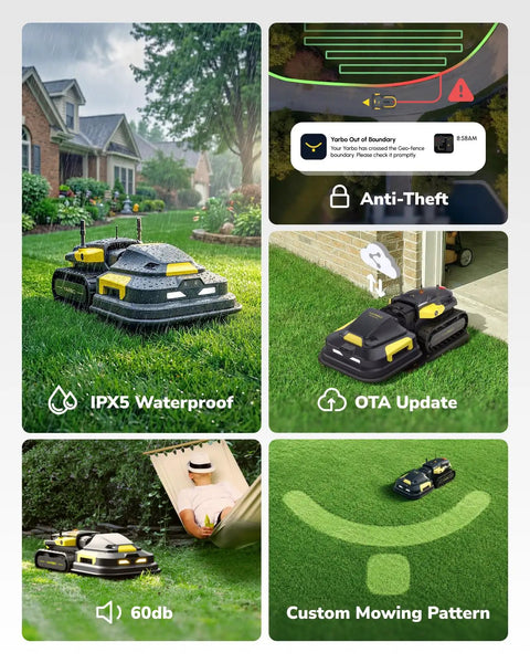 Beast Robot Lawn Mower For Large Yards Up To Six Acres With AI Vision RTK Navigation, showing features like waterproof and custom pattern mowing.