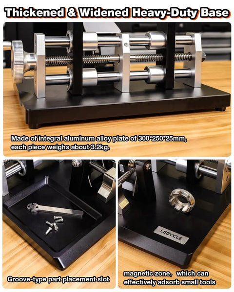 Pro Grade Bicycle Wheel Truing Stand with aluminum alloy base, magnetic tool holder, and precision dial indicators.