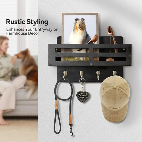 Straight Up Solid Wood Wall Key Holder 10 Inch Decorative Mail Organizer With Four Heavy Duty Hooks For Effortless Entryway Setup And No Sweat Home Organization Black