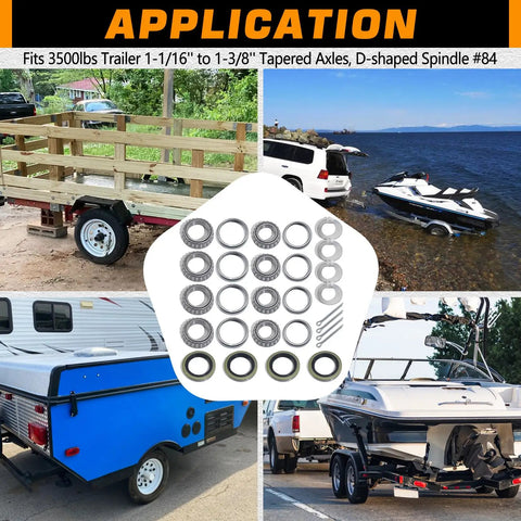 Trailer Axle Hub Bearings Kit For 3500 Lbs 1 3 8 Inch To 1 1 16 Inch D Style Tapered Spindles With Tang Washers Grease Seals And Cotter Pins 4 Sets Ready To Roll L68149 L44649 application with trailers and boats
