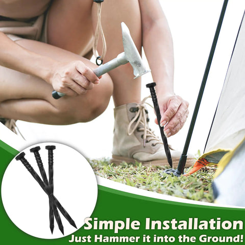 Person hammering Landscape Edging Anchoring Spikes 6 Inch 30 Pack for Weed Barrier Lawn Paver Edging Stakes Garden Fence and Artificial Turf.