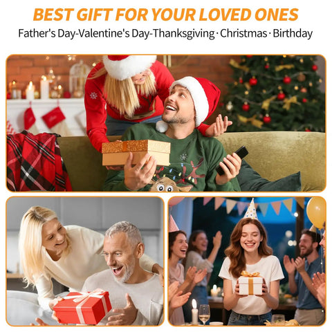 Collage of people exchanging gifts during Christmas, birthday, and holiday celebrations.