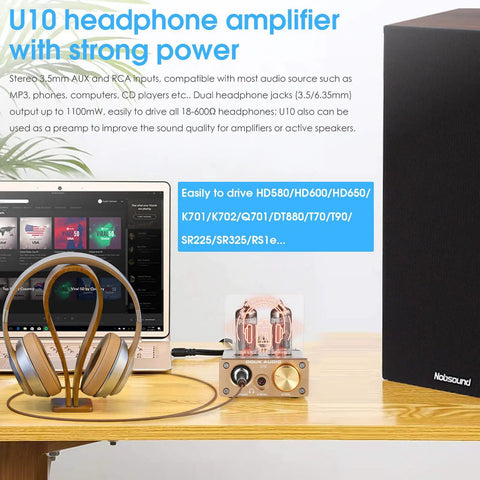 Dope U10 Mini Tube Headphone Amplifier For Home Audio HiFi Stereo Preamp with computer and headphones setup