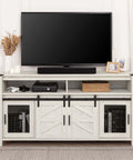 Farmhouse All In One Entertainment Center For 65 Inch TVs with Sliding Barn Doors and Mesh Accents in Antique White with TV