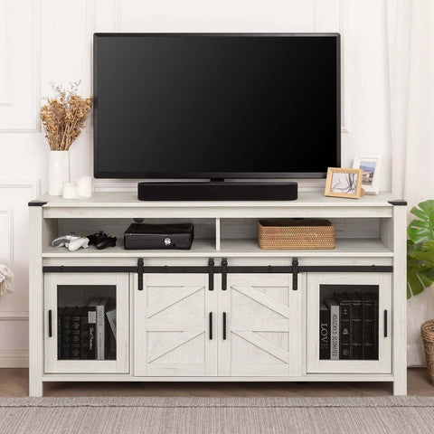 Farmhouse All In One Entertainment Center For 65 Inch TVs with Sliding Barn Doors and Mesh Accents in Antique White with TV