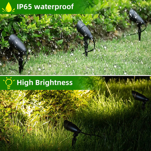 Low Voltage LED Landscape Lights Outdoor Warm White IP65 Waterproof highlighting garden path under rain and illuminated at night.