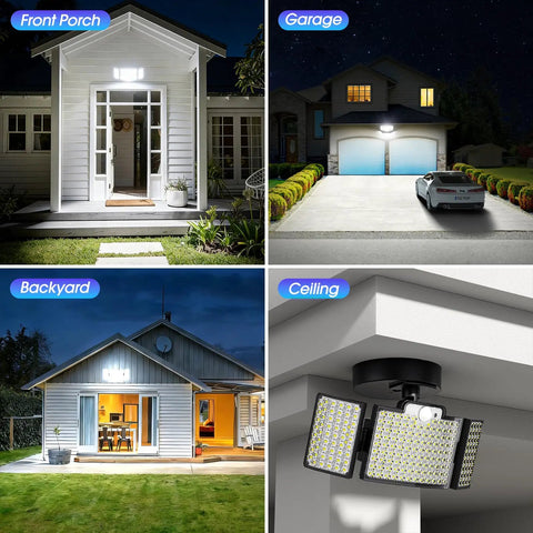 Extra Bright Solar Motion Sensor Flood Lights For Outdoors 318 LEDs 600LM 6500K IP67 Waterproof 270 Degree Wide Angle Yard Garden Wall Mount 4 Pack With Three Lighting Modes illuminating porch, garage, backyard, and ceiling.