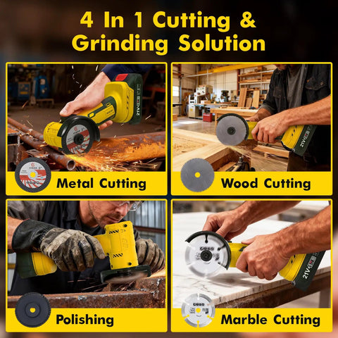 4-in-1 use Cordless 21V Mini Angle Grinder Kit with Brushless Motor for cutting metal, wood, stone, and marble.
