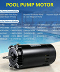 Heavy Duty One Horsepower Swimming Pool Pump Motor Drop In Replacement For Hayward And Jacuzzi Pumps on poolside with clear water.