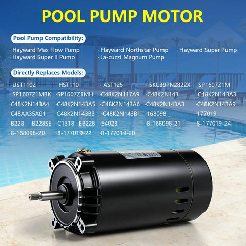 Heavy Duty One Horsepower Swimming Pool Pump Motor Drop In Replacement For Hayward And Jacuzzi Pumps on poolside with clear water.