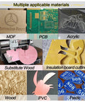 DIY 3 Axis CNC Router Kit With GRBL Control material versatility examples including MDF, PCB, acrylic, and wood.