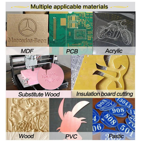 DIY 3 Axis CNC Router Kit With GRBL Control material versatility examples including MDF, PCB, acrylic, and wood.