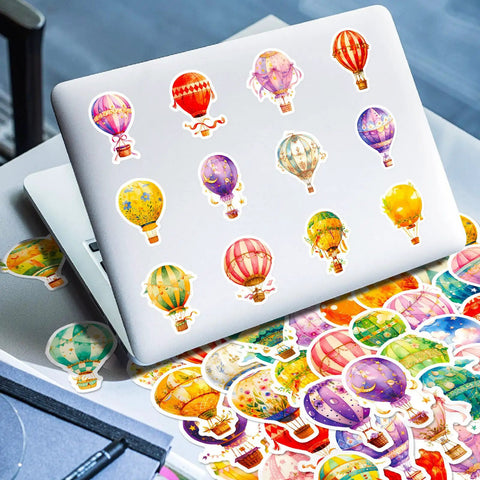 Laptop decorated with 50 Piece Hot Air Balloon Sticker Pack For Teens And Creative Vibes Waterproof Vinyl Balloons Stickers Set