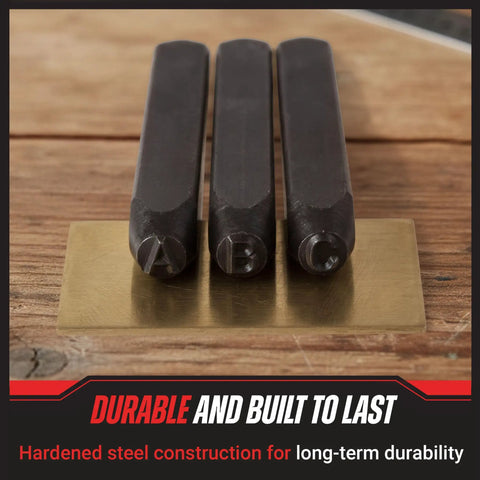 Close-up of three letter steel punches from 36 Piece Letter And Number Steel Punch Stamp Set With Wood Storage Case For Metal Leather And More