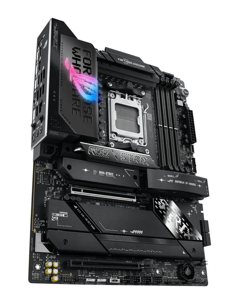 ROG Strix X870E E Gaming WiFi AMD AM5 X870 ATX Motherboard with visible power stages and PCIe 5.0 slots