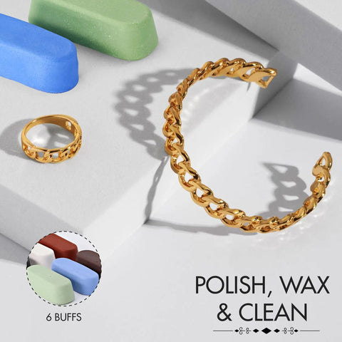 Six Piece Polishing And Buffing Compound Kit With 1 Oz Each For Metal Wood And Auto Surfaces, gold jewelry beside compounds