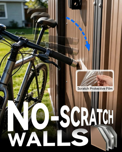 Close-up of a 6x4Ft Outdoor Storage Shed Waterproof Metal Garden Shed with no-scratch walls, showing protective film and bike storage.