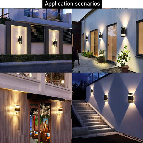 4 Pack 12 Inch LED Up And Down Wall Lights 14W 4000K Day White Outdoor Aluminum Waterproof IP65 Porch Patio Garden Garage Exterior Lighting Fixture Built Tough For House illuminating different exterior designs at night.
