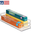 Sleek Extra Long Clear Storage Bins Pack Of 4 Heavy Duty Stackable Plastic Organizers For Deep Pantry Shelves Cabinets And Fridge Drawers, holding aluminum foil and wax paper.