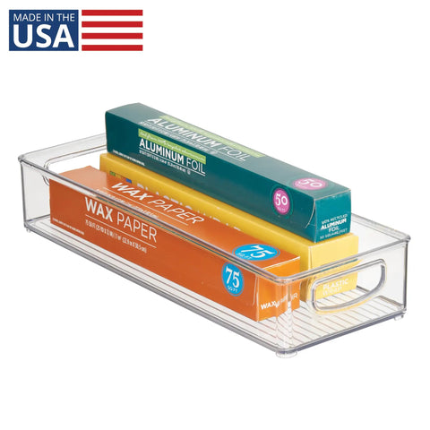 Sleek Extra Long Clear Storage Bins Pack Of 4 Heavy Duty Stackable Plastic Organizers For Deep Pantry Shelves Cabinets And Fridge Drawers, holding aluminum foil and wax paper.