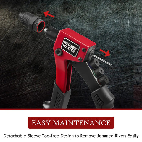Heavy Duty Rivet Gun Kit With 4 Tool Free Interchangeable Heads and Carrying Case Includes 200 Rivets showing easy maintenance feature.