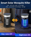 2 Pack Solar Bug Zapper Outdoor Portable Electric Mosquito Killer Waterproof Insect Trap With LED Night Light and Flame Effect, showing day and night modes