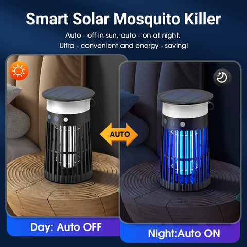 2 Pack Solar Bug Zapper Outdoor Portable Electric Mosquito Killer Waterproof Insect Trap With LED Night Light and Flame Effect, showing day and night modes