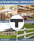 4Pc Heavy Duty T Shape Metal Mending Plates With 56 Screws And Socket Flat T Beam Brackets For Wood Fence Repair Pergola Connection Deck Jobs Gonna Stand Firm All Year Round, showcasing various applications.