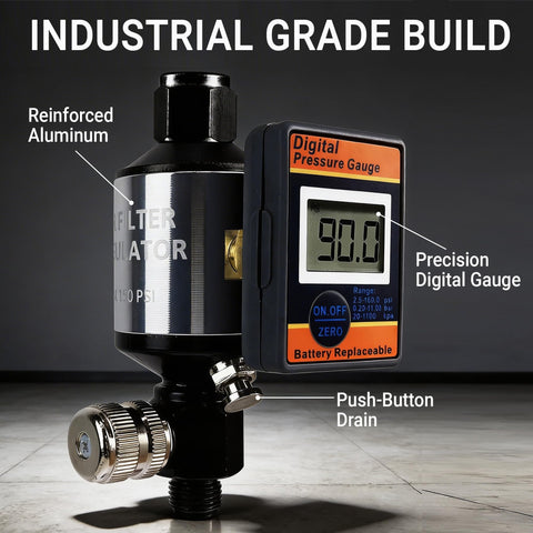 Pro Grade Digital Air Regulator With Water Separator And Moisture Trap Inline Dryer featuring precision gauge and push-button drain