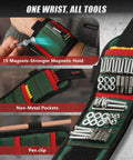 Magnetic Wristband With LED Light For Mechanics and DIY Pros showing magnets, pockets, and pen clip, holding screws.