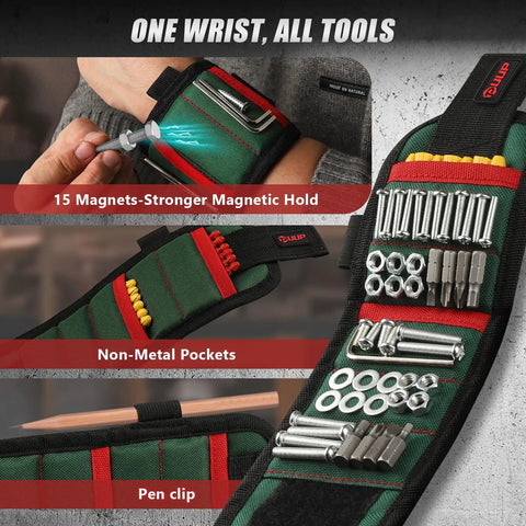 Magnetic Wristband With LED Light For Mechanics and DIY Pros showing magnets, pockets, and pen clip, holding screws.