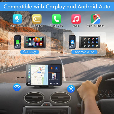 Driver using 7 Inch HD Portable CarPlay Wireless Double Din Car Stereo with GPS Navigation and Android Auto on scenic road.