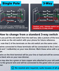 Installation guide for 3 Pack White Slide Dimmer Light Switch Single Pole Or 3 Way Layout with wiring details and color coding.