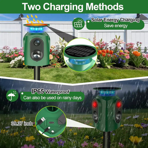 Animal Repeller Outdoor With PIR Sensor And Solar Power Cat And Deer Deterrent With 360 Degree Coverage For Garden Yard Farm Keeps Pests Out, green solar stake, 39.37 inch