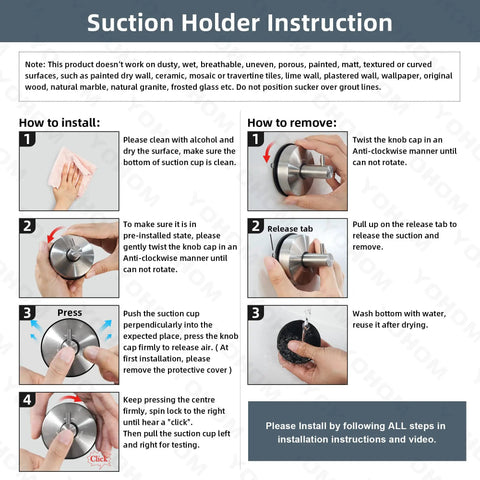 Instruction sheet showing installation and removal steps for matte black stainless steel suction cup hooks set.