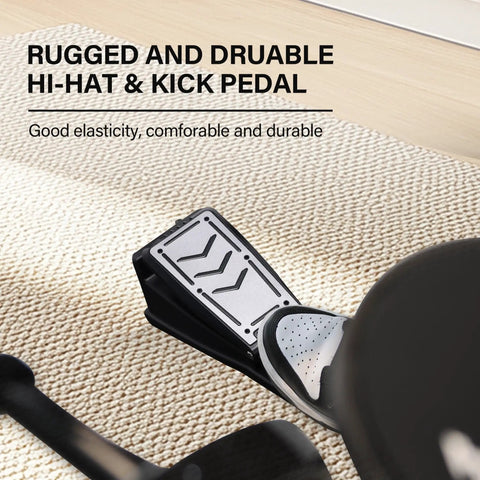 Kickin Electronic Drum Set With Amp For Beginners, showing hi-hat and kick pedal on textured carpet surface