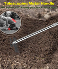 2-In-1 Weed Puller And Rake Tool For Weeding Dandelions And Grass, standing cultivator on soil with telescoping metal handle