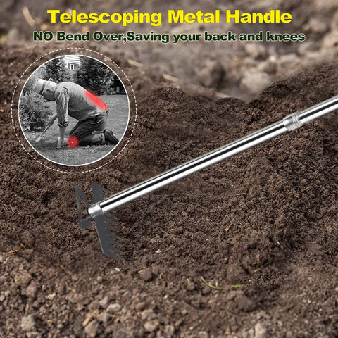2-In-1 Weed Puller And Rake Tool For Weeding Dandelions And Grass, standing cultivator on soil with telescoping metal handle