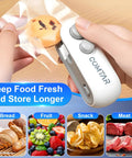 2 In 1 Rechargeable Bag Sealer With Cutter USB C Heat Sealer Resealer for chips and snacks, sealing a plastic bag, compact size.