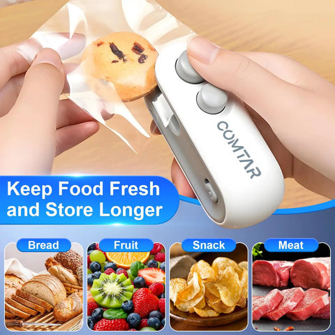 2 In 1 Rechargeable Bag Sealer With Cutter USB C Heat Sealer Resealer for chips and snacks, sealing a plastic bag, compact size.