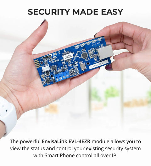 EVL 4EZR IP Security Interface Module for DSC and Honeywell Alarm Systems Alexa Compatible held in hand