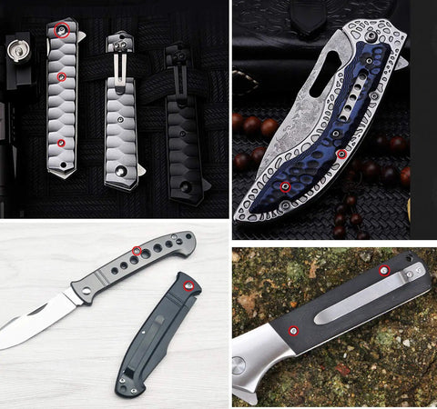 Four M2.5 folding knives showcasing Dead nuts tight M2.5 Folding Knife Pivot Screws And Pocket Clip Fasteners crafted from rustproof stainless steel.