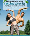 Smiling couple in activewear posing playfully outdoors with text 'Energize Your Body For Daily Wellness' in the background.